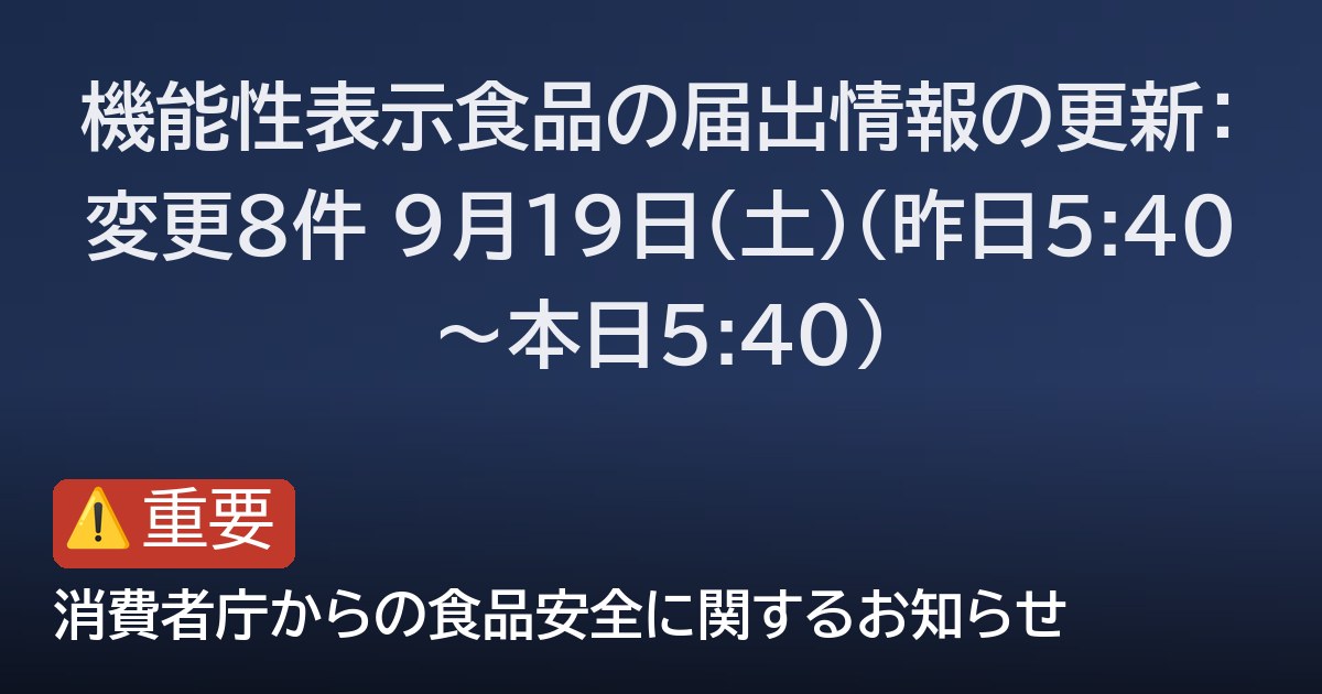 機能性表示食品の届出情報の更新：変更8件 9月19日(土)（昨日5:40〜本日5:40）