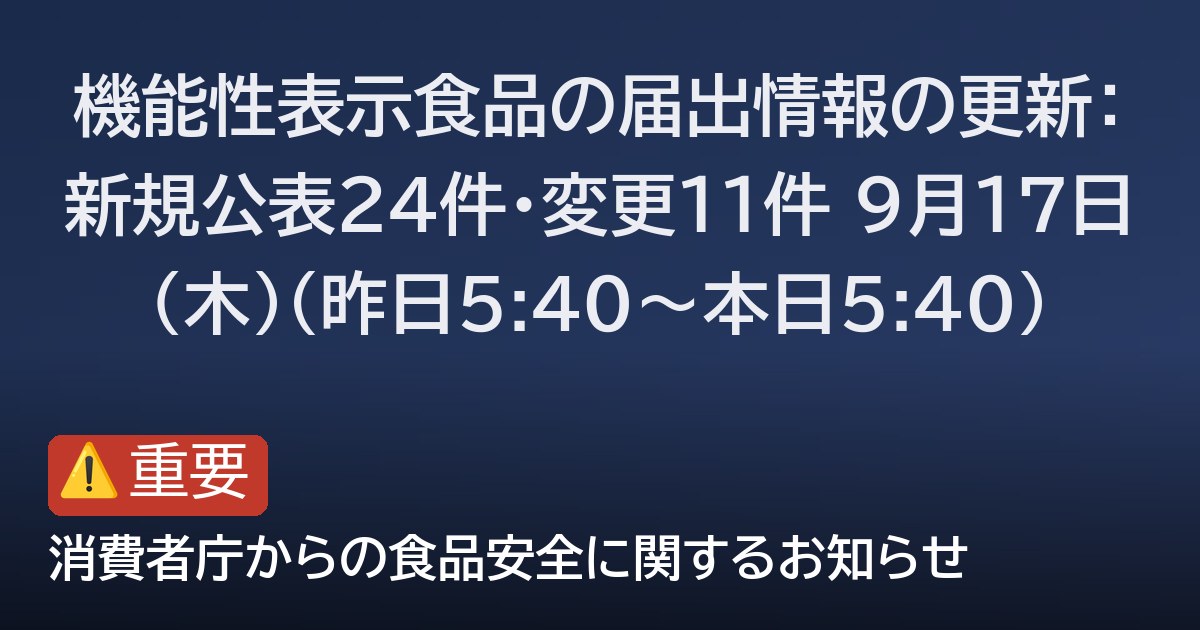 機能性表示食品の届出情報の更新：新規公表24件・変更11件 9月17日(木)（昨日5:40〜本日5:40）