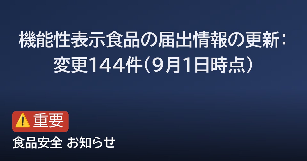 機能性表示食品の届出情報の更新：変更144件（9月1日時点）