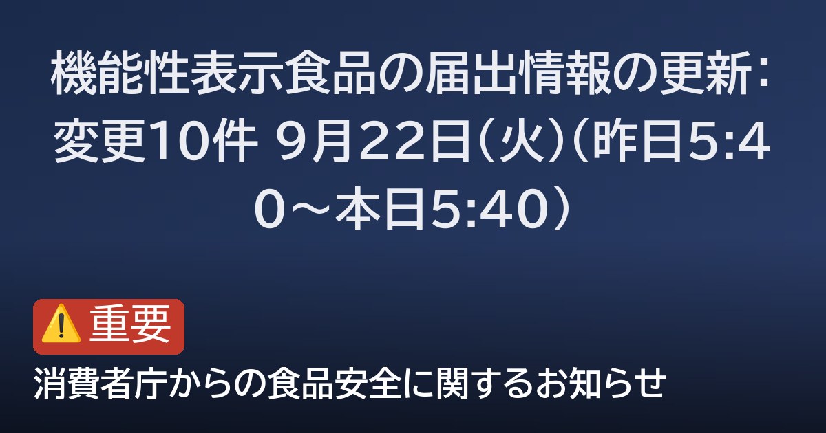 機能性表示食品の届出情報の更新：変更10件 9月22日(火)（昨日5:40〜本日5:40）