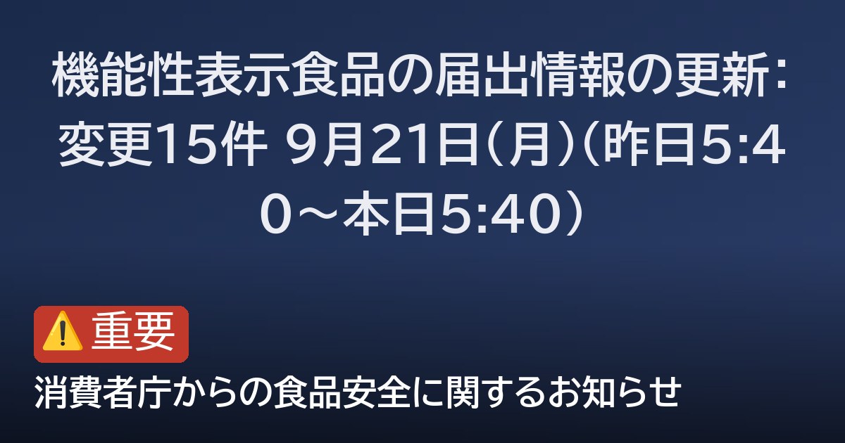 機能性表示食品の届出情報の更新：変更15件 9月21日(月)（昨日5:40〜本日5:40）