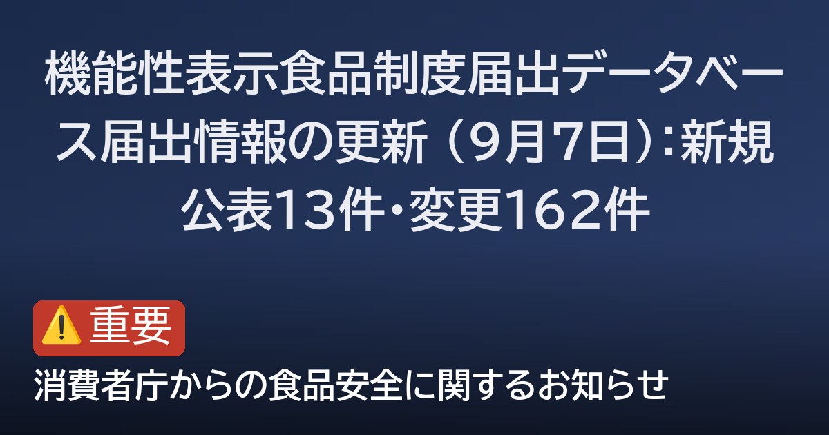機能性表示食品制度届出データベース届出情報の更新 (9月7日)：新規公表13件・変更162件