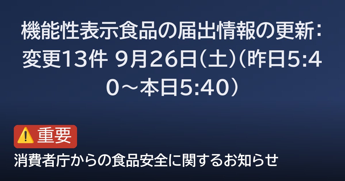機能性表示食品の届出情報の更新：変更13件 9月26日(土)（昨日5:40〜本日5:40）