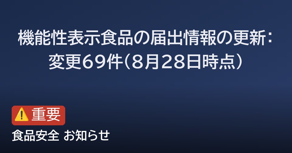 機能性表示食品の届出情報の更新：変更69件（8月28日時点）