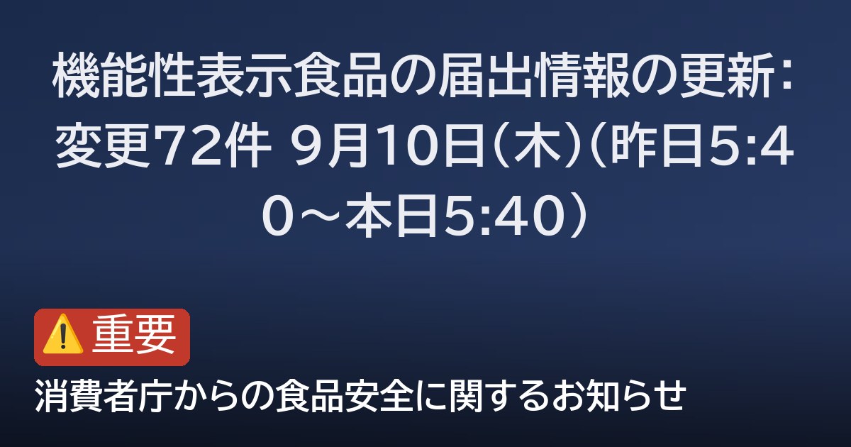 機能性表示食品の届出情報の更新：変更72件 9月10日(木)（昨日5:40〜本日5:40）